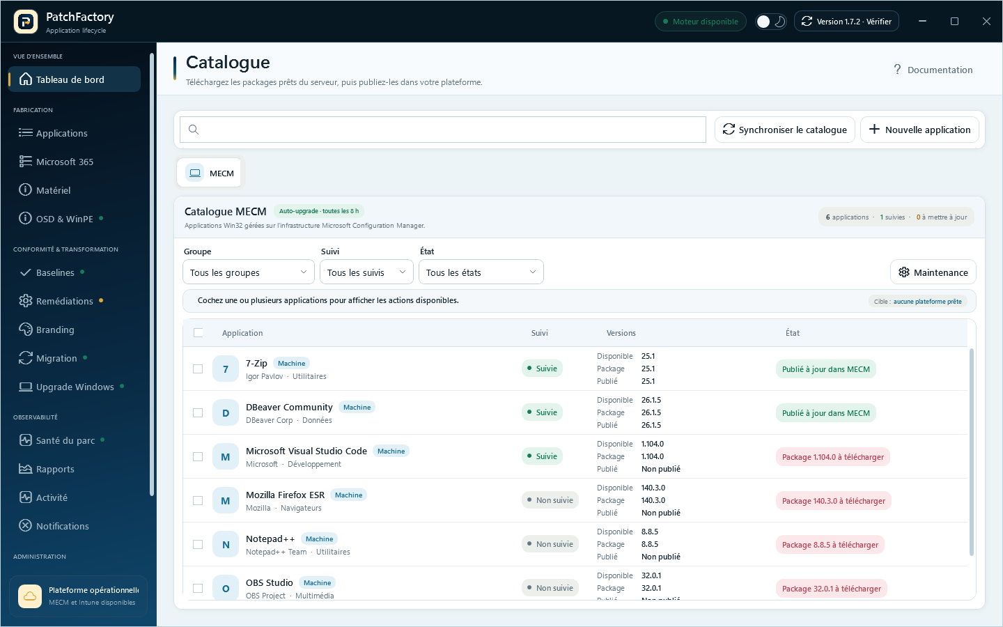 Catalogue des applications PatchFactory